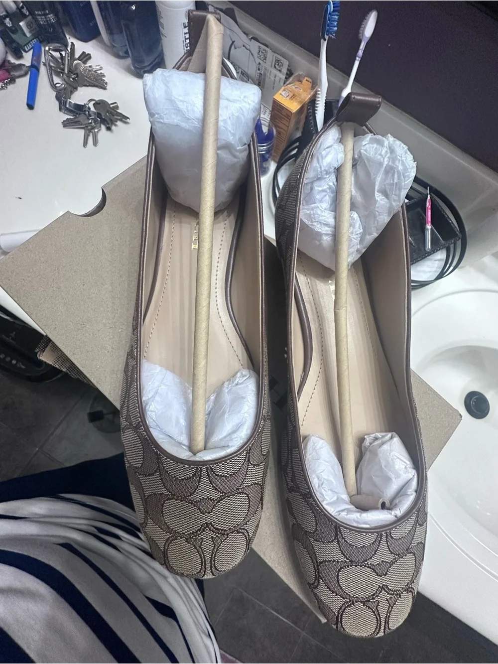 Coach Beige/Tan Signature Pattern Slip-On Flats